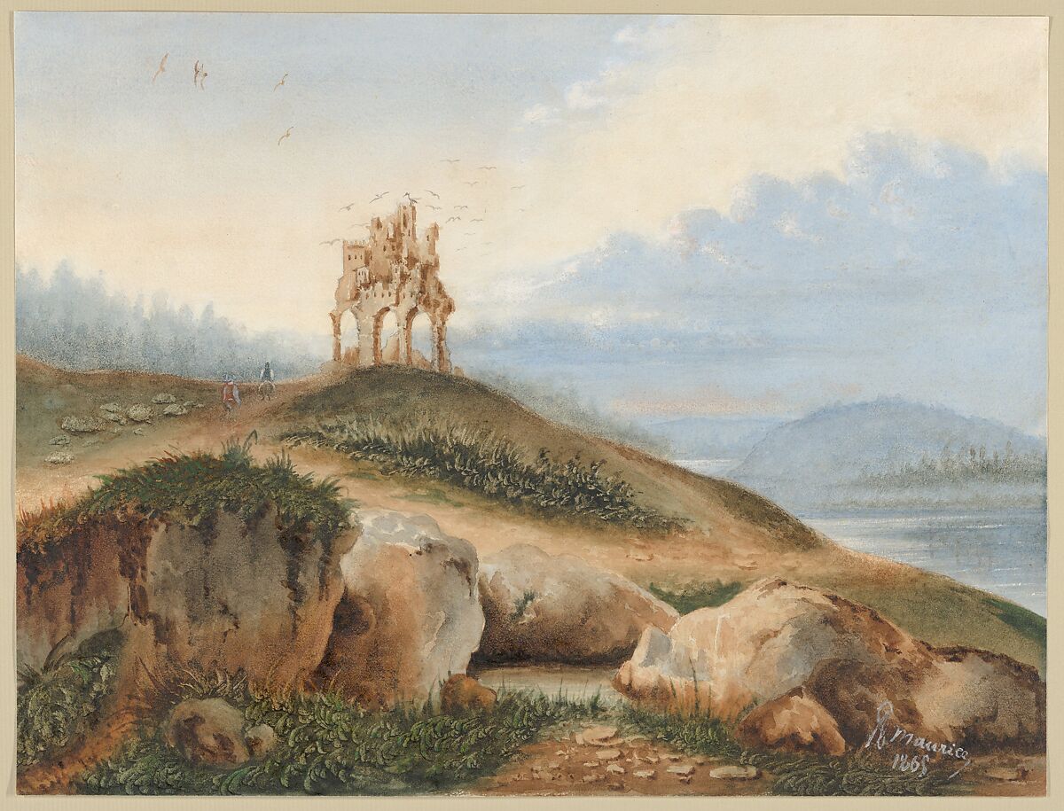 Landscape with a Fantastic Castle, George Sand (French, Paris 1804–1876 Nohant), Watercolor and graphite 