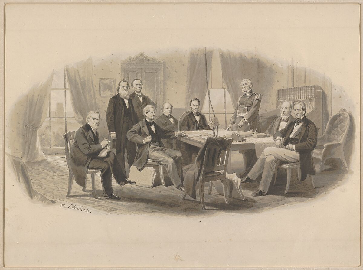 President Lincoln and His Cabinet, Christian Schussele (American (born France), Guebwiller, Haut-Rhin 1824–1879 Merchantville, New Jersey), Pen and grey ink, brush and gray and brown wash 