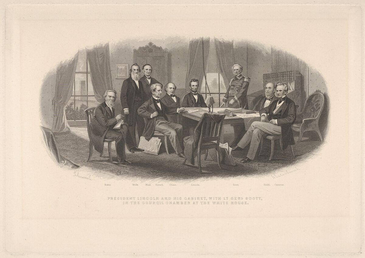 President Lincoln and His Cabinet, with Lt. General Scott, in the Council Chamber at the White House, Robert Whitechurch (American, London 1814–1876 Philadelphia), Etching, engraving and stipple 