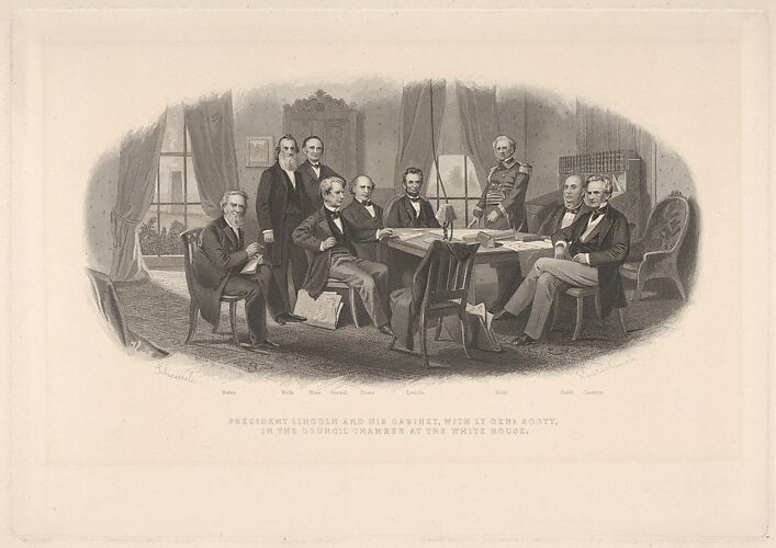 President Lincoln and His Cabinet, with Lt. General Scott, in the Council Chamber at the White House