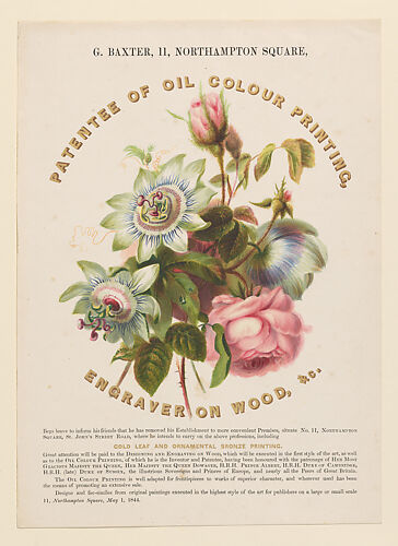 Advertisement: George Baxter, 11 Northampton Square, Patentee of Oil Colour Printing, Engraver on Wood, etc.