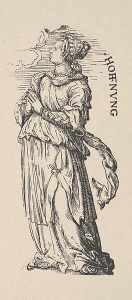 Hope (Hoffnung), from The Seven Virtues, in Holzschnitte alter Meister gedruckt von den Originalstöcken der Sammlung Derschau im besitz des Staatlichen Kupferstich-kabinetts zu Berlin, Hans Burgkmair (German, Augsburg 1473–1531 Augsburg), Woodcut; restrike of third state of three (Hollstein); Dershau restrike, 1922 