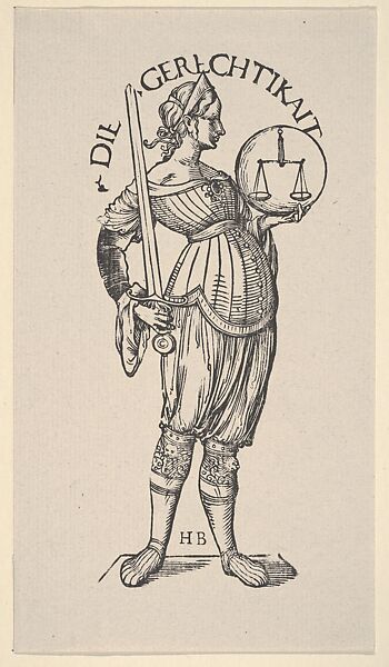 Justice (Die Gerechtikait), from The Seven Virtues, in Holzschnitte alter Meister gedruckt von den Originalstöcken der Sammlung Derschau im besitz des Staatlichen Kupferstich-kabinetts zu Berlin, Hans Burgkmair (German, Augsburg 1473–1531 Augsburg), Woodcut; restrike of third state of three (Hollstein); Dershau restrike, 1922 