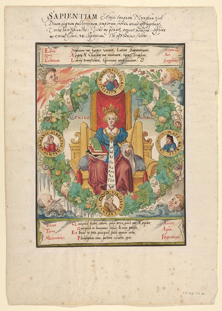 Philosophy Enthroned, Virgil Solis (German, (?) 1514–1562 Nuremberg), Pen and black ink, watercolor, gouache, heightened with gold paint; framing line in brown ink 