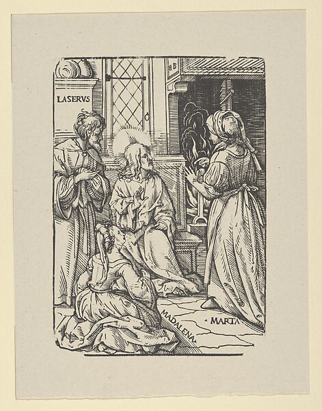 Christ in the House of Lazarus, Martha and Mary, from Holzschnitte alter Meister gedruckt von den Originalstöcken der Sammlung Derschau im besitz des Staatlichen Kupferstich-kabinetts zu Berlin, Hans Burgkmair (German, Augsburg 1473–1531 Augsburg), Woodcut; Dershau restrike, 1922 