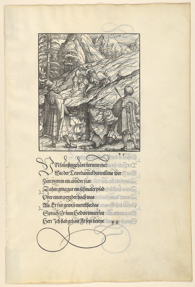 Theuerdarnk's Horse Falls Under Him, from [Theuerdank] Die geuerlicheiten vnd einsteils der geschichten des loblichen streytparen vnd hochberümbten helds vnd Ritters herr Tewrdannckhs, Hans Burgkmair (German, Augsburg 1473–1531 Augsburg), Woodcut on vellum 