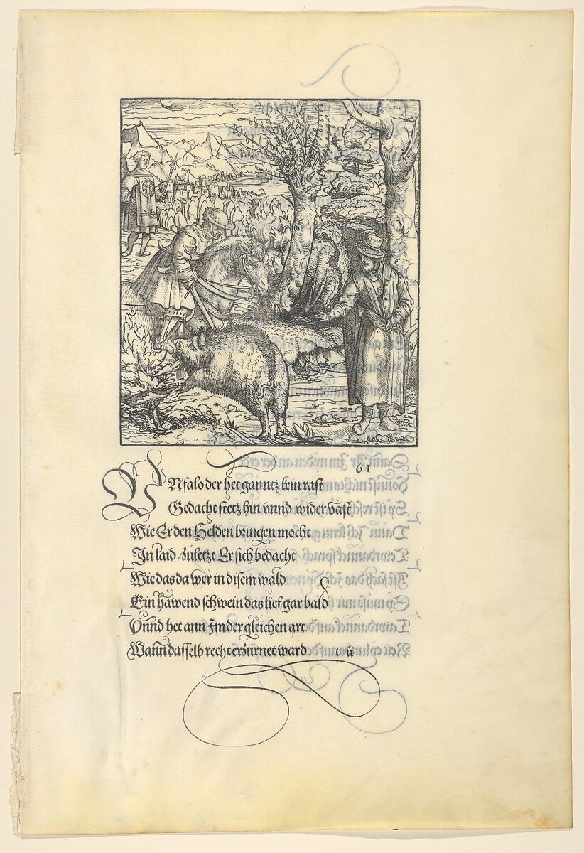 Theuerdarnk on a Boar Hunt, from [Theuerdank] Die geuerlicheiten vnd einsteils der geschichten des loblichen streytparen vnd hochberümbten helds vnd Ritters herr Tewrdannckhs, Hans Burgkmair (German, Augsburg 1473–1531 Augsburg), Woodcut on vellum 