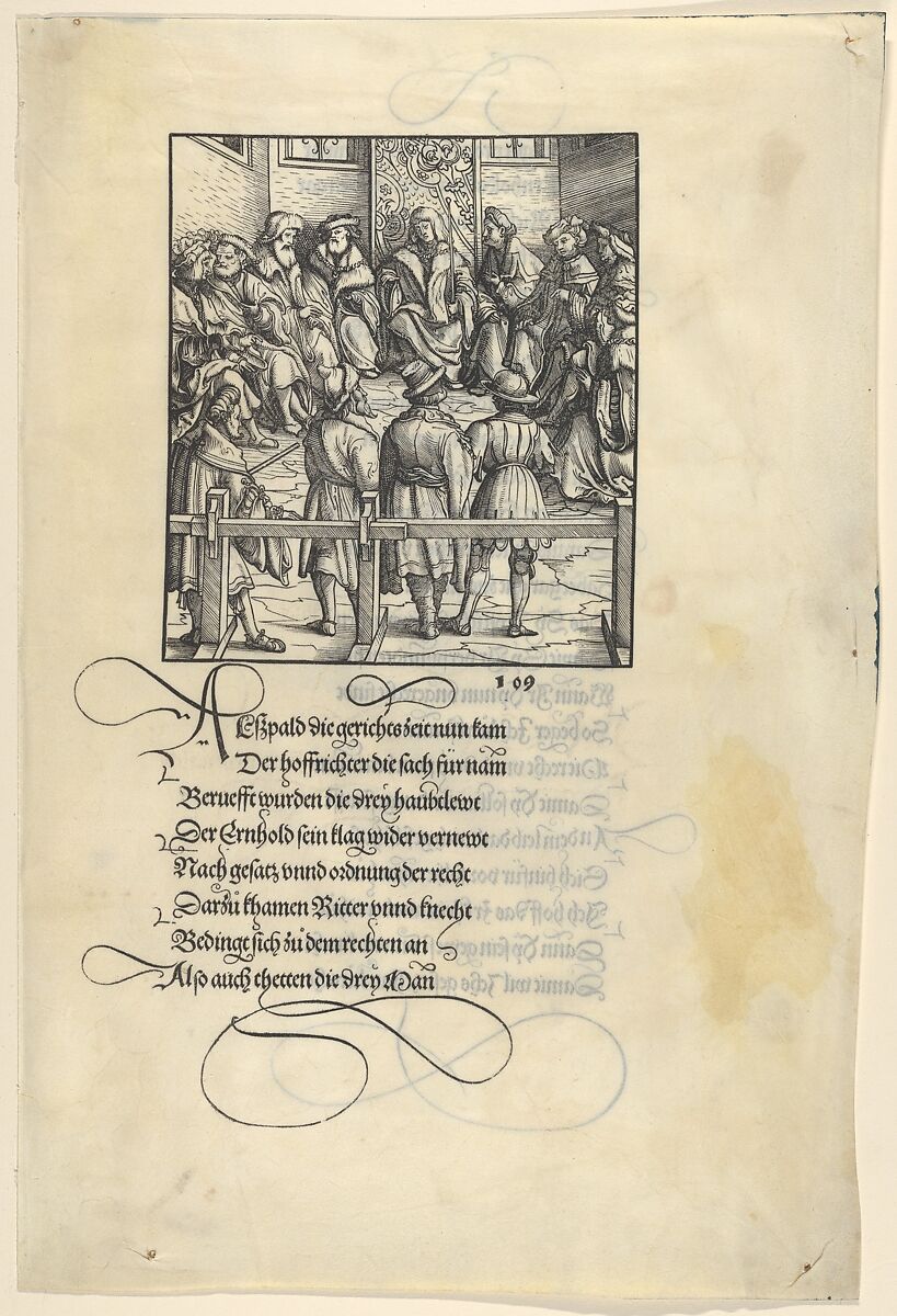 Three Captains Brought Up for Judgment, from [Theuerdank] Die geuerlicheiten vnd einsteils der geschichten des loblichen streytparen vnd hochberümbten helds vnd Ritters herr Tewrdannckhs, Hans Burgkmair (German, Augsburg 1473–1531 Augsburg), Woodcut on vellum 