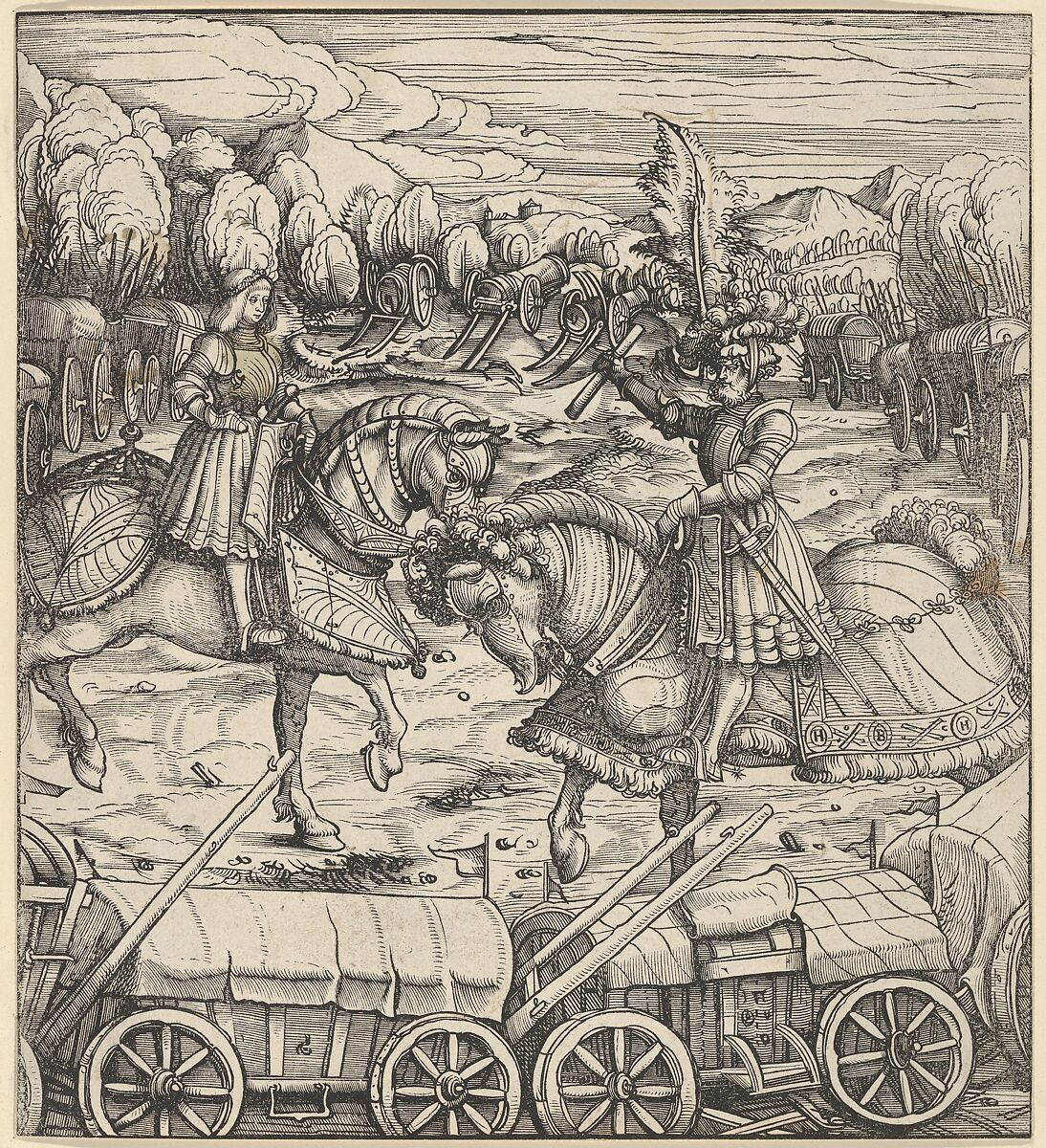 The White King Learning to Enclose a Camp with Wagons, from "Der Weisskunig", Hans Burgkmair (German, Augsburg 1473–1531 Augsburg), Woodcut; proof (Hollstein) 