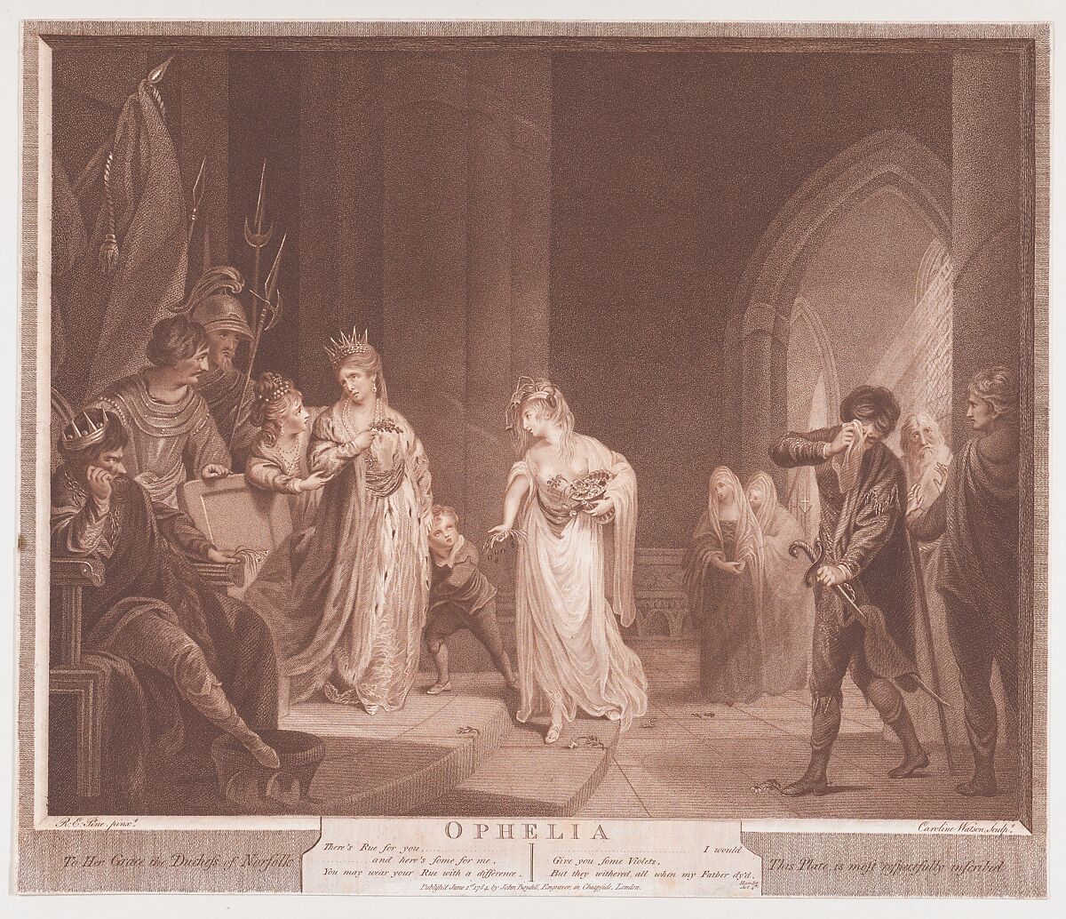 Ophelia (Shakespeare, Hamlet, Act 4, Scene 5), Caroline Watson (British, London 1760/61–1814 London), Stipple engraving; printed in brown ink 