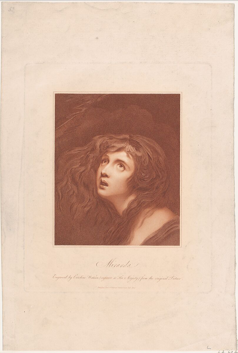 Miranda (Shakespeare, The Tempest, Act 1, Scene 1), Caroline Watson (British, London 1760/61–1814 London), Stipple with etching; printed in brown ink 