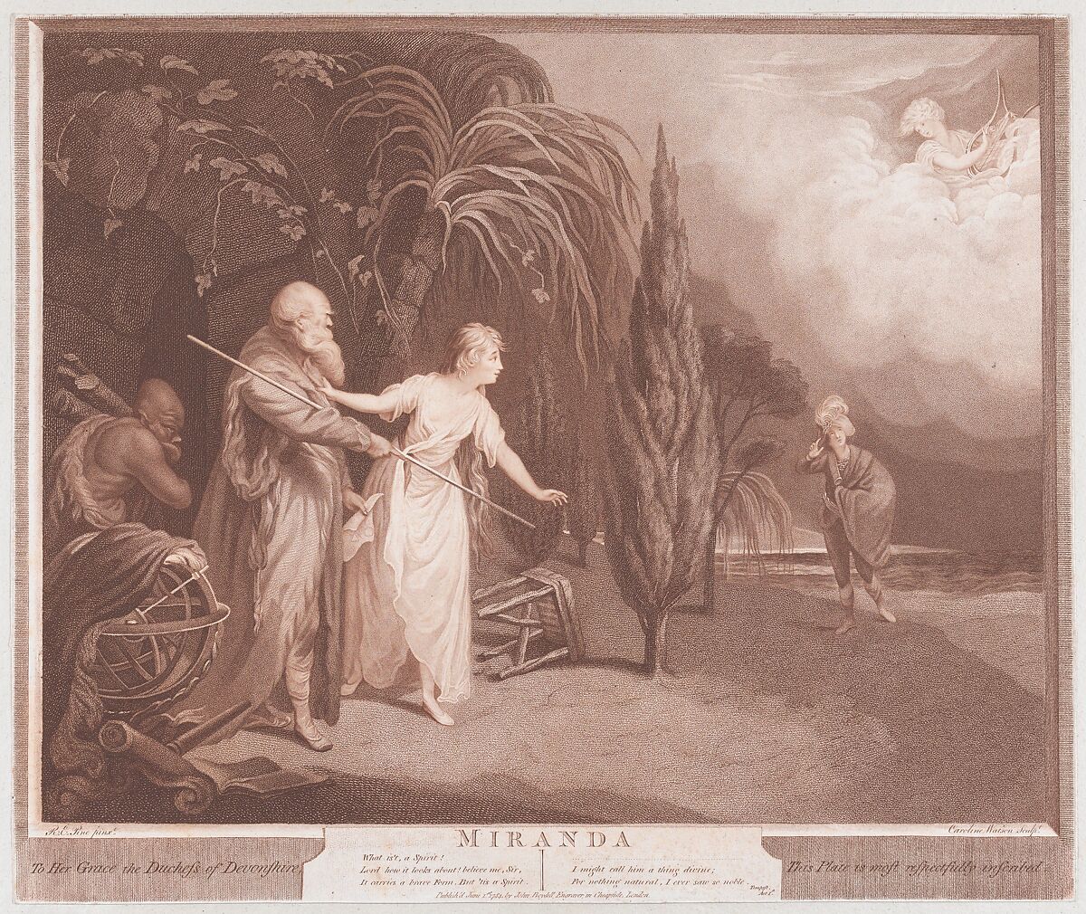 Miranda (Shakespeare, The Tempest, Act 1, Scene 2), Caroline Watson (British, London 1760/61–1814 London), Stipple engraving; printed in brown ink 