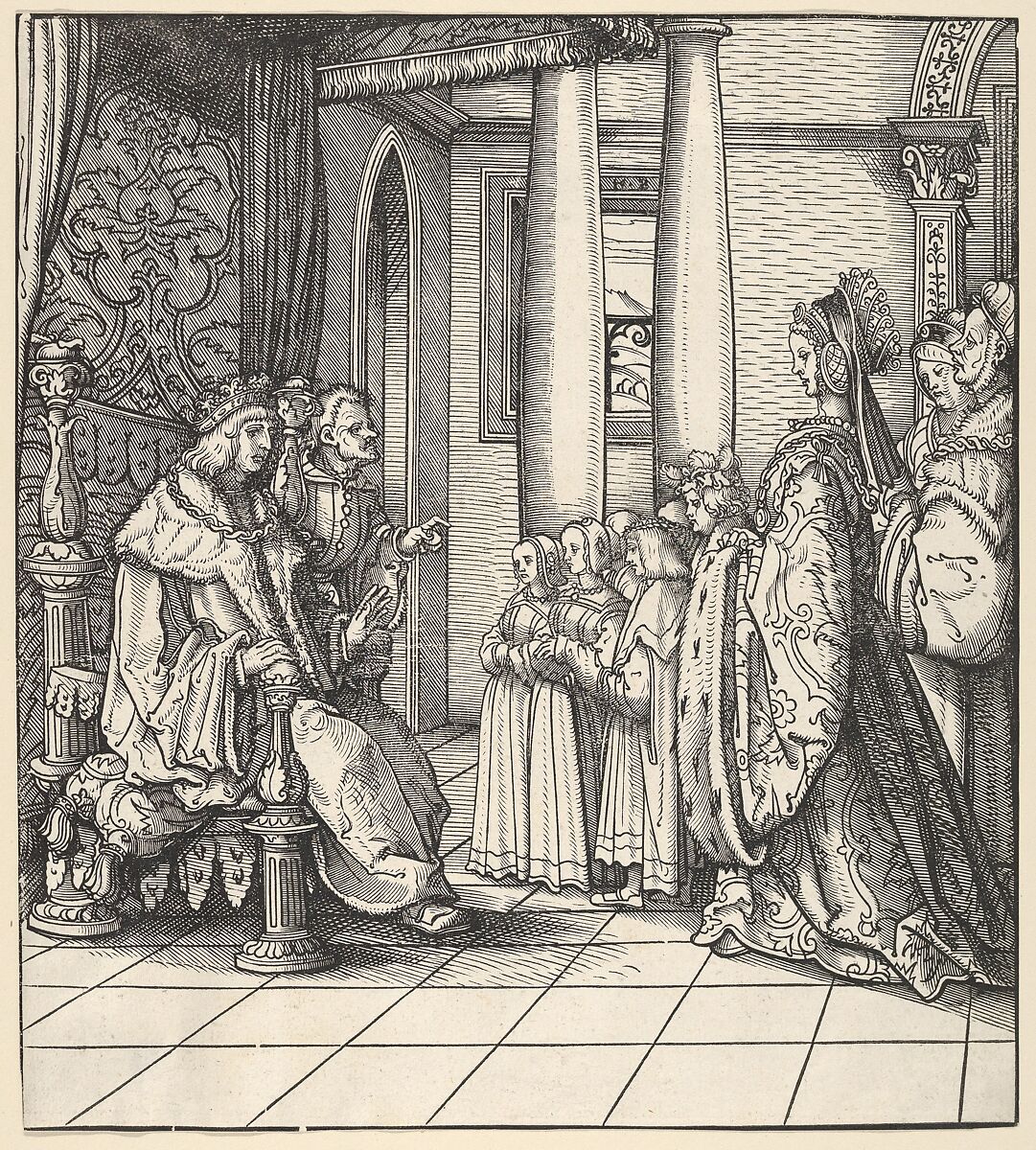 The White King Receiving His Daughter Margaret and the Children of King Philip, from Der Weisskunig, Hans Burgkmair (German, Augsburg 1473–1531 Augsburg), Woodcut; proof (Hollstein) 
