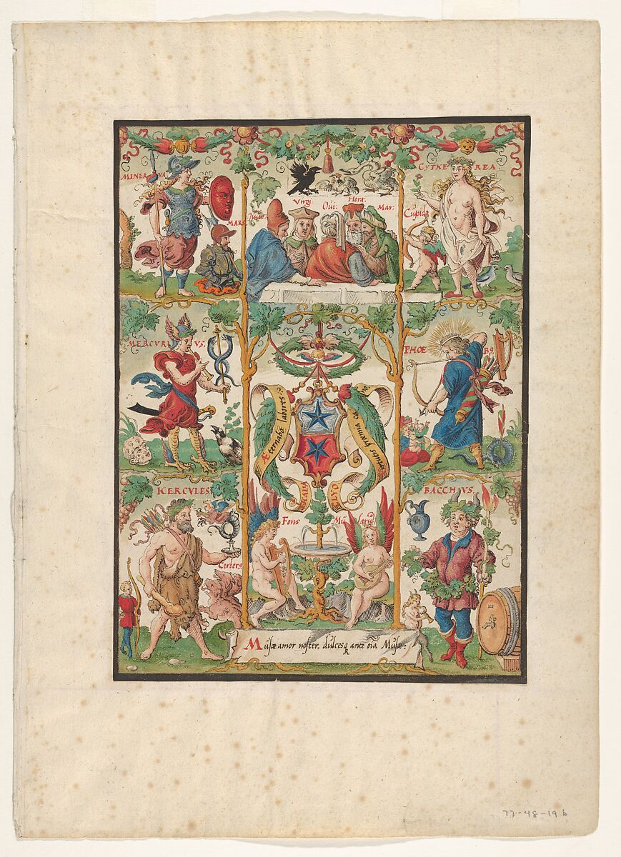 Classical Allegory with the arms of the Ochsenfelder, Virgil Solis (German, (?) 1514–1562 Nuremberg), Pen and black ink, bodycolor, watercolor, with highlights in gold 