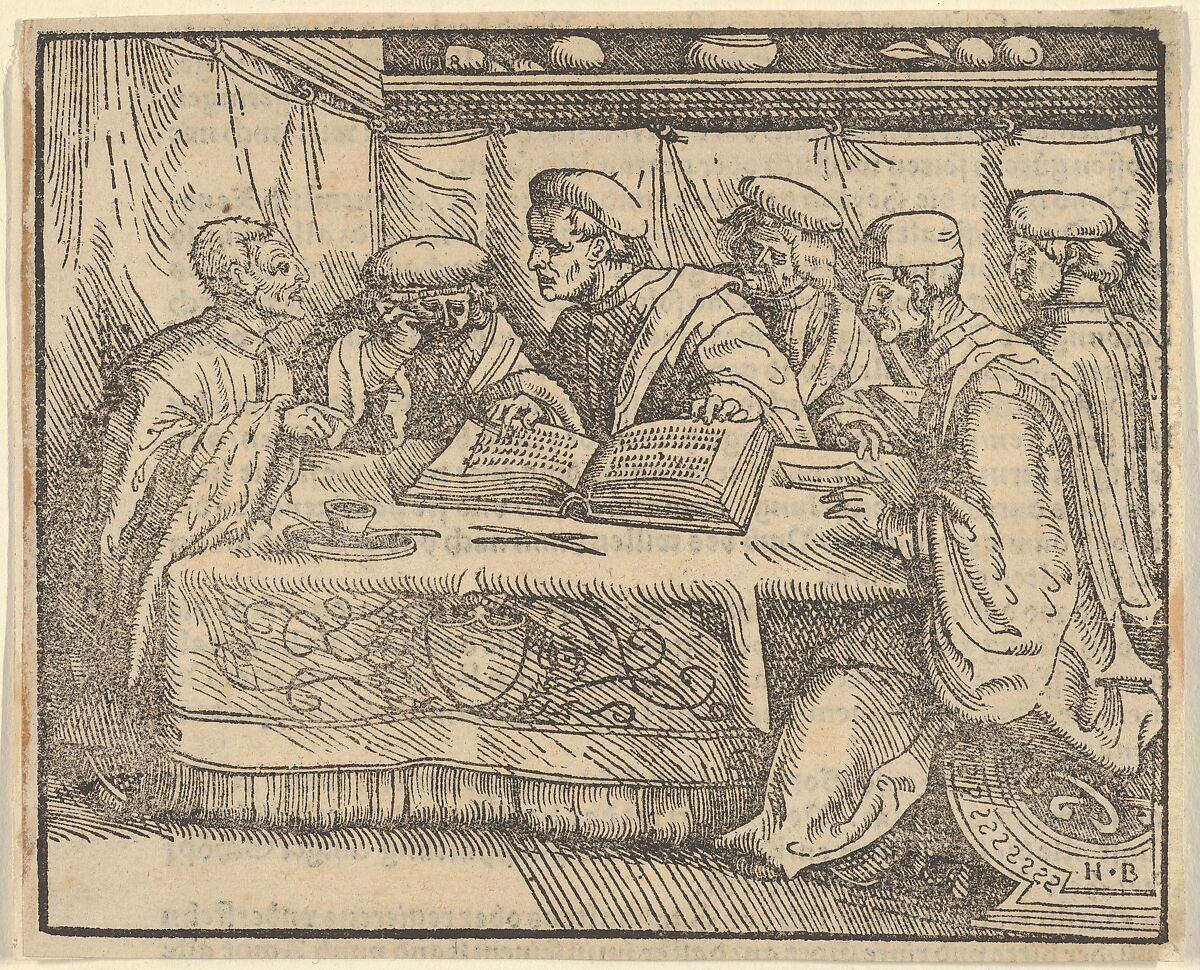 Six Scholars Sitting Around a Table, Hans Burgkmair (German, Augsburg 1473–1531 Augsburg), Woodcut; second state of two (Hollstein) 