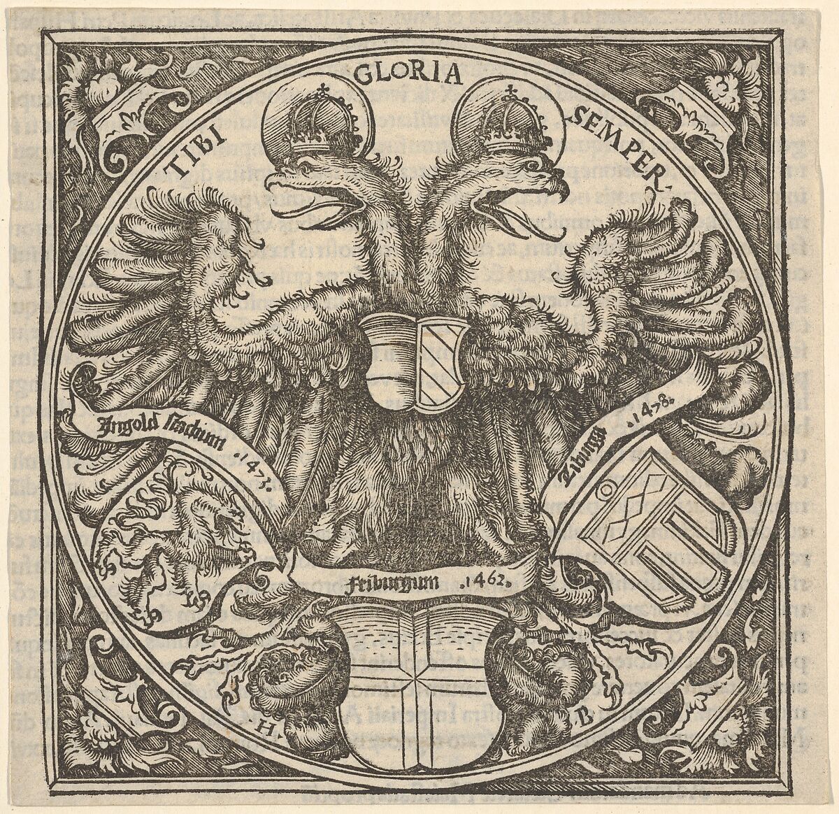 Imperial Double Eagle with the Coat of Arms of Ingolstadt, Freiburg, and Tübingen, from Joan. Eckii Theologi in summulas Petri Hispani extemporaria et succincta atque succosa explanatio p[ro] sup[er] ioris Germaniae scholasticis, Hans Burgkmair (German, Augsburg 1473–1531 Augsburg), Woodcut 