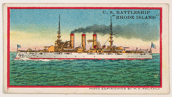 U.S. Battleship Rhode Island, from the Navy Caramels series (E3) for the American Caramel Company, Lithograph based on photograph copyrighted by W. H. Rau, Commercial color lithograph 