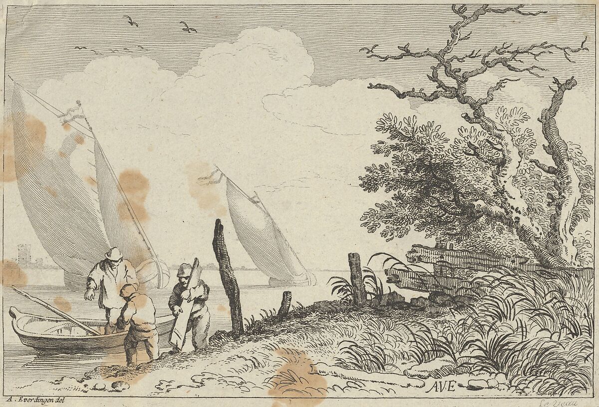 River Landscape with Three Fisherman, Jean Jacques Le Veau (French, Rouen 1729–1786 Paris) 