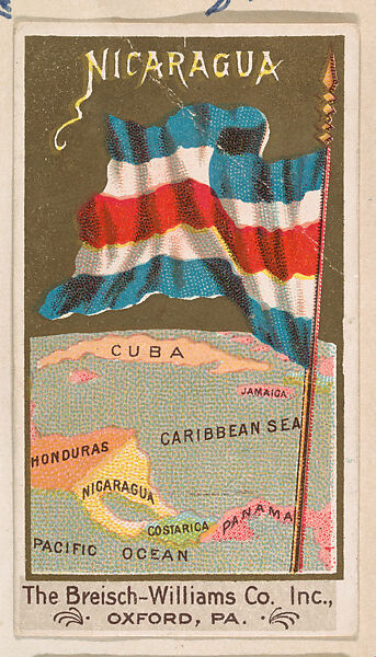 Flag of Nicaragua, from the Flags series (E17, Type A) for Breisch-Williams Co., Inc., Issued by The Breisch-Williams Co., Inc., Oxford, Pennsylvania, Commercial color lithograph 