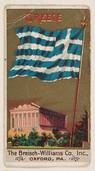 Flag of Greece, from the Flags series (E17, Type A) for Breisch-Williams Co., Inc., Issued by The Breisch-Williams Co., Inc., Oxford, Pennsylvania, Commercial color lithograph 