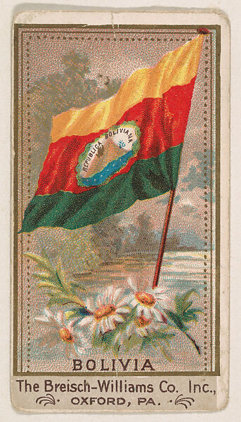 Flag of Bolivia, from the Flags series (E17, Type A) for Breisch-Williams Co., Inc., Issued by The Breisch-Williams Co., Inc., Oxford, Pennsylvania, Commercial color lithograph 
