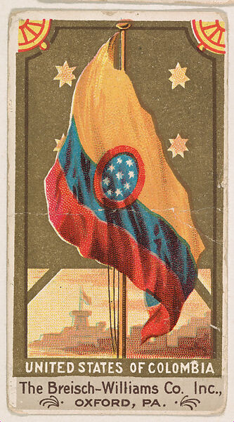 Flag of the United States of Colombia, from the Flags series (E17, Type A) for Breisch-Williams Co., Inc., Issued by The Breisch-Williams Co., Inc., Oxford, Pennsylvania, Commercial color lithograph 