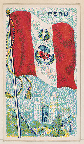 Flag of Peru, from the Flags of All Nations series (E18, Type A) issued by Williams Caramel Company to promote Williams Caramel, The Williams Caramel Company, Oxford, Pennsylvania, Commercial color lithograph 