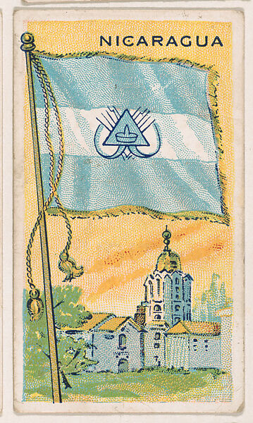 Flag of Nicaragua, from the Flags of All Nations series (E18, Type A) issued by Williams Caramel Company to promote Williams Caramel, Issued by The Williams Caramel Company, Oxford, Pennsylvania, Commercial color lithograph 