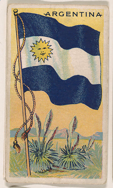 Flag of Argentina, from the New Flags series (E18, Type B) issued by Charles F. Adams Manufacturing Confectioner, Issued by Charles F. Adams, Manufacturing Confectioner, Lancaster, PA, Commercial color lithograph 