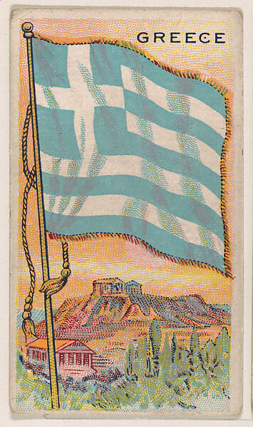 Flag of Greece, from the New Flags series (E18, Type B) issued by Charles F. Adams Manufacturing Confectioner, Issued by Charles F. Adams, Manufacturing Confectioner, Lancaster, Pennsylvania, Commercial color lithograph 