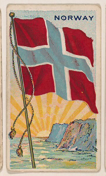 Flag of Norway, from the New Flags series (E18, Type B) issued by Charles F. Adams Manufacturing Confectioner, Issued by Charles F. Adams, Manufacturing Confectioner, Lancaster, Pennsylvania, Commercial color lithograph 
