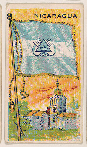 Flag of Nicaragua, from the New Flags series (E18, Type B) issued by Charles F. Adams Manufacturing Confectioner