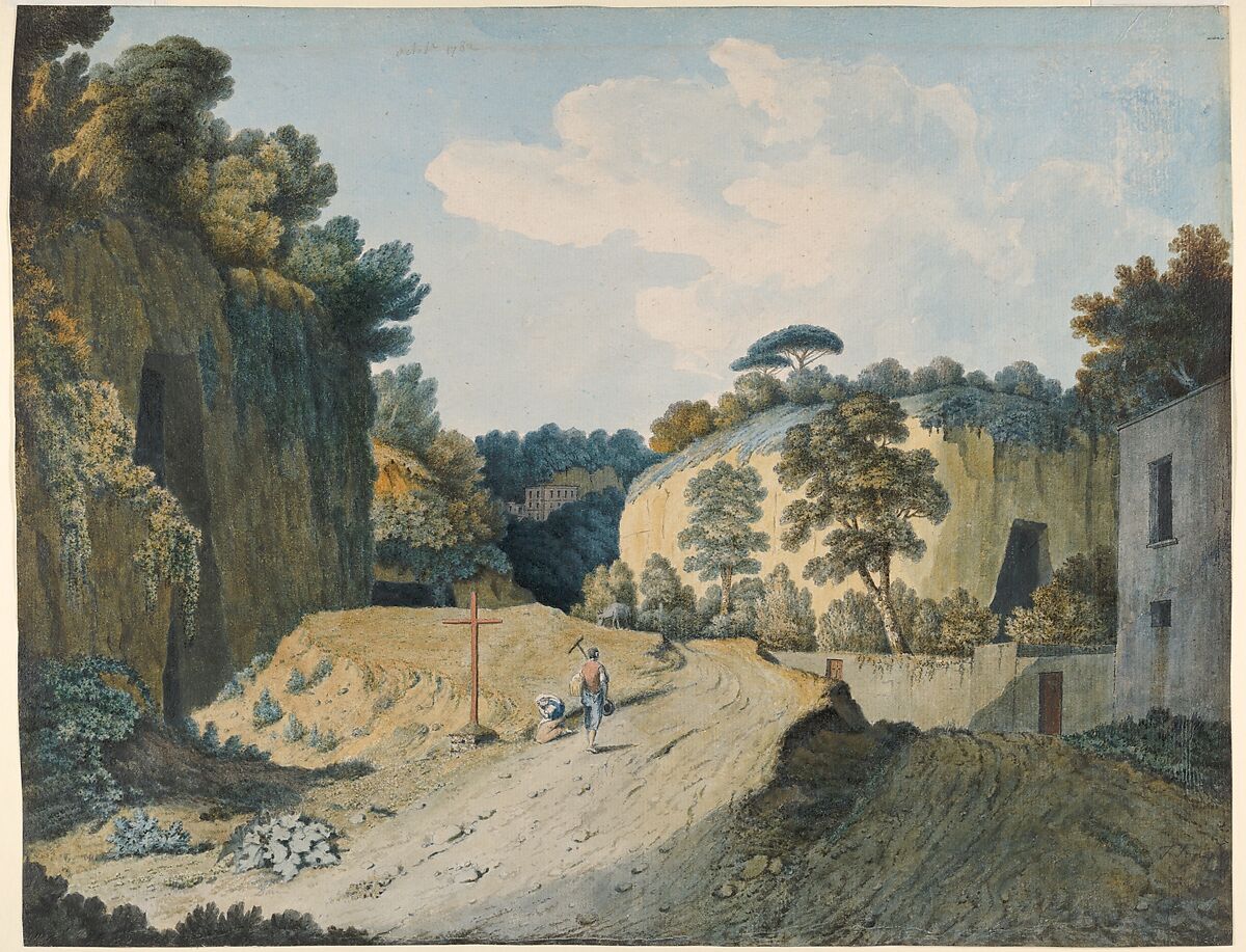 A Road in a Gorge near Naples, Thomas Jones (British, Trevonen, Wales 1742–1803 Pencerrig, Wales), Watercolor, gum arabic glazes, over graphite 