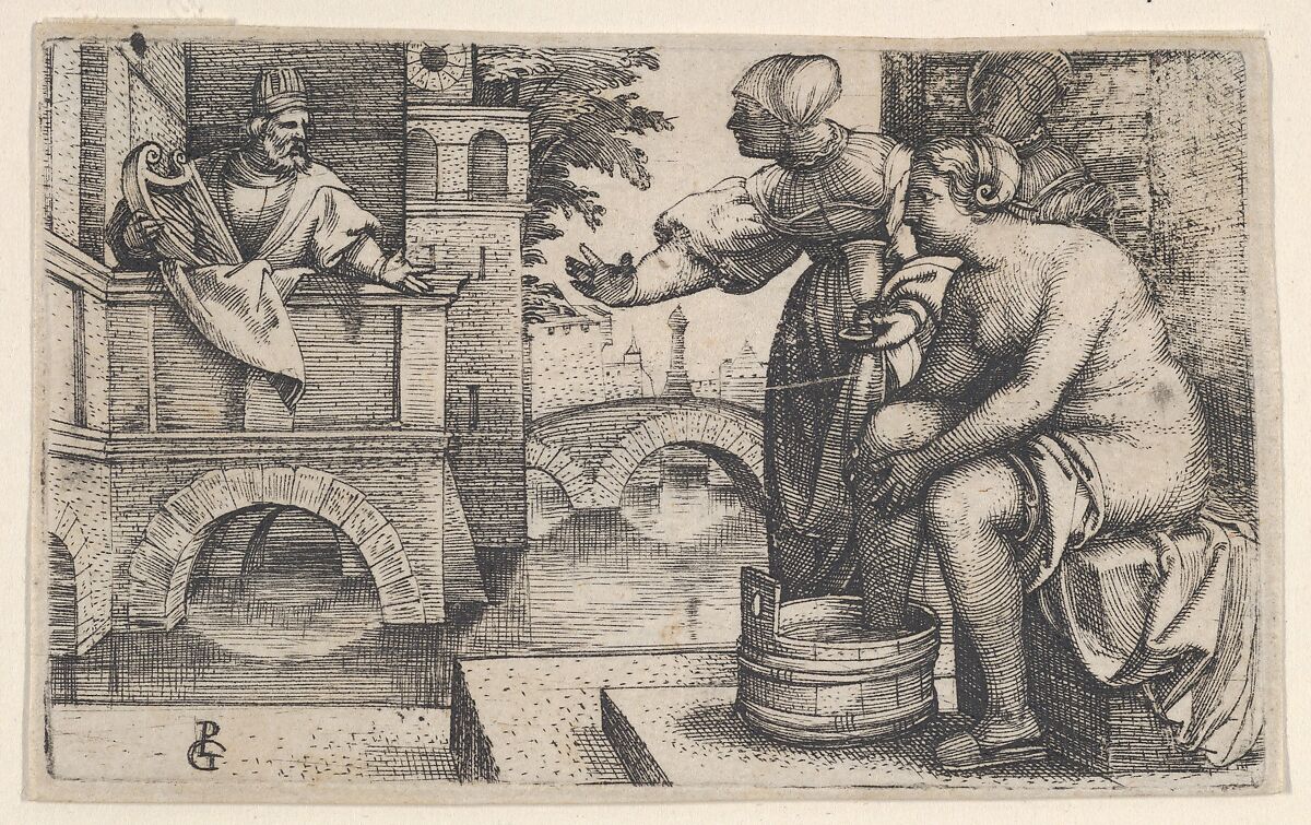 David and Bathsheba, Georg Pencz (German, Wroclaw ca. 1500–1550 Leipzig), Engraving; first state of two (Landau) 