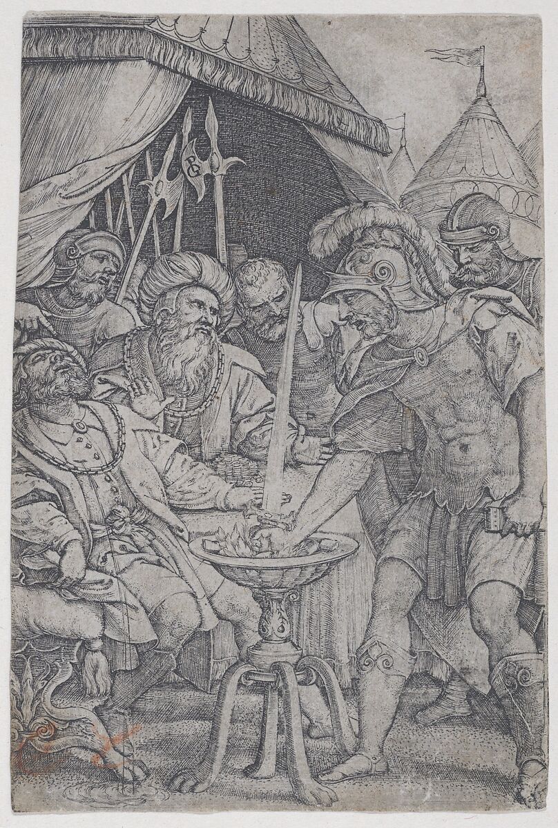 Mucius Scaevola and Porsenna, from "Roman Heroes", Georg Pencz (German, Wroclaw ca. 1500–1550 Leipzig), Engraving 