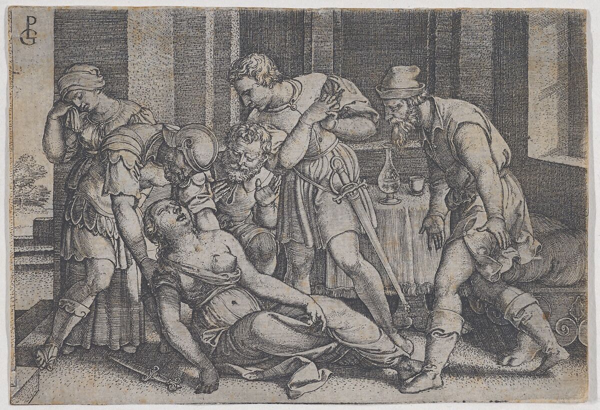 Suicide of Lucretia, from "Scenes from Roman History", Georg Pencz (German, Wroclaw ca. 1500–1550 Leipzig), Engraving 