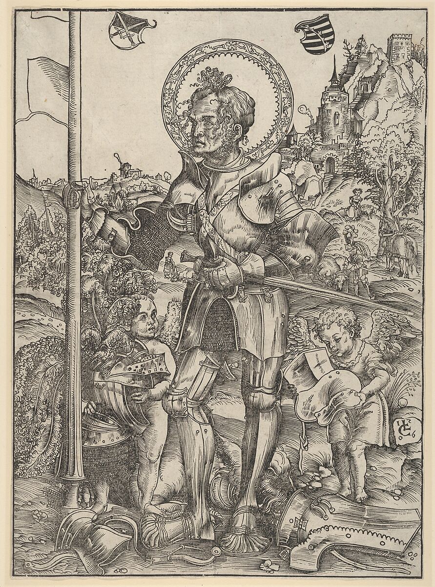 Saint George Standing with Two Angels, Lucas Cranach the Elder (German, Kronach 1472–1553 Weimar), Woodcut 