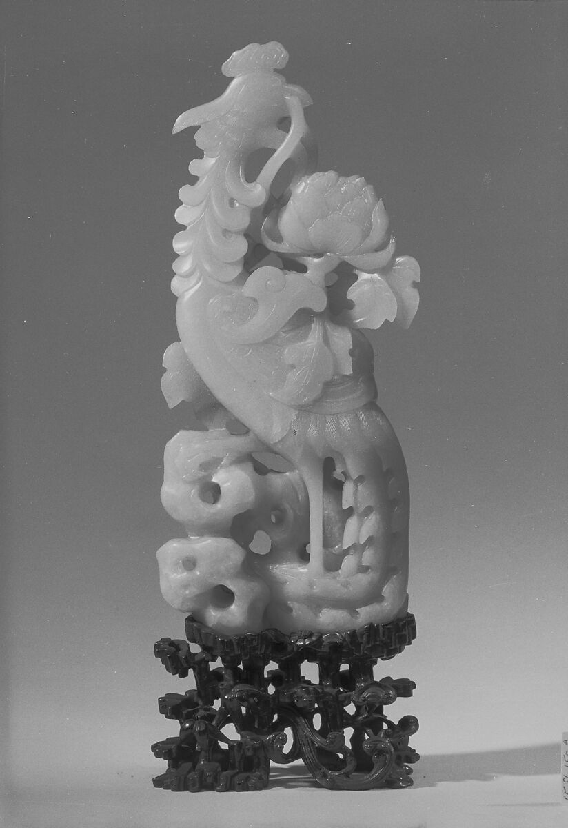 Figure of a Phoenix Standing amid Carved Foliage with Peony Motifs, Jade, China 