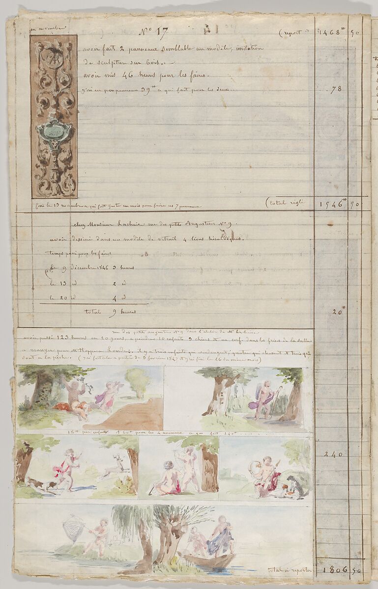 Interior Decorator’s Account Book of Hours Spent, Jules-Edmond-Charles Lachaise (French, died 1897), Pen and brown ink on ruled paper, water colors over leadpoint