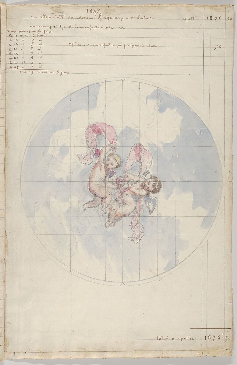 Interior Decorator’s Account Book of Hours Spent, Jules-Edmond-Charles Lachaise (French, died 1897), Pen and brown ink on ruled paper, water colors over leadpoint