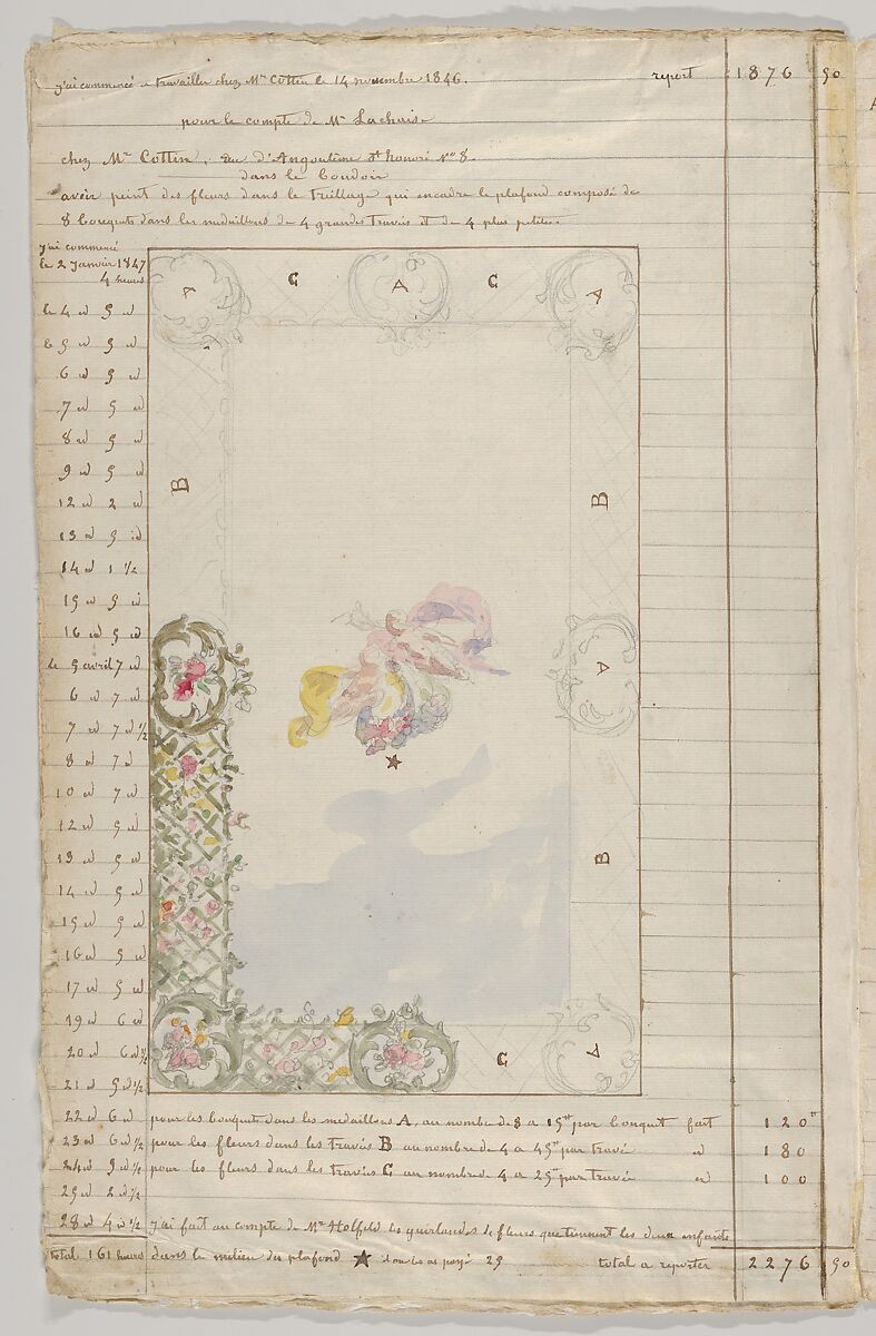Interior Decorator’s Account Book of Hours Spent, Jules-Edmond-Charles Lachaise (French, died 1897), Pen and brown ink on ruled paper, water colors over leadpoint