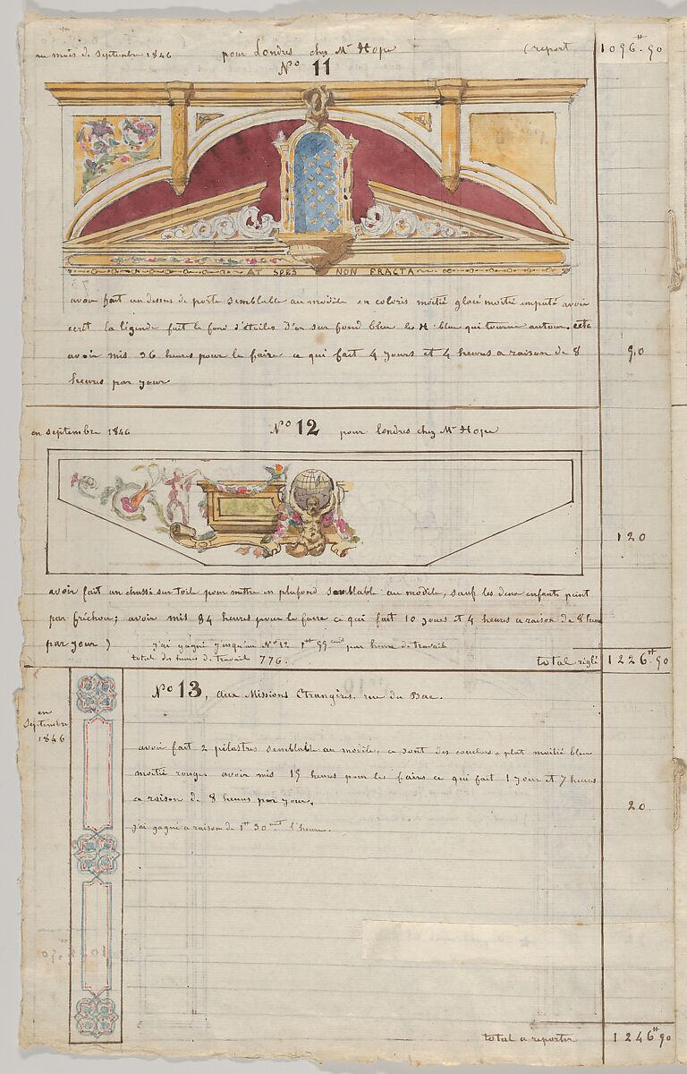 Interior Decorator’s Account Book of Hours Spent, Jules-Edmond-Charles Lachaise (French, died 1897), Pen and brown ink on ruled paper, water colors over leadpoint