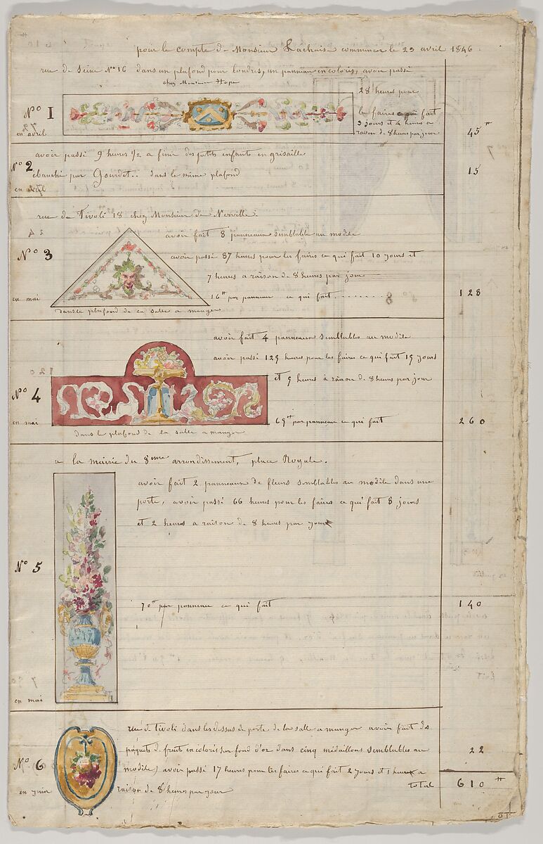 Interior Decorator’s Account Book of Hours Spent, Jules-Edmond-Charles Lachaise (French, died 1897), Pen and brown ink on ruled paper, water colors over leadpoint 