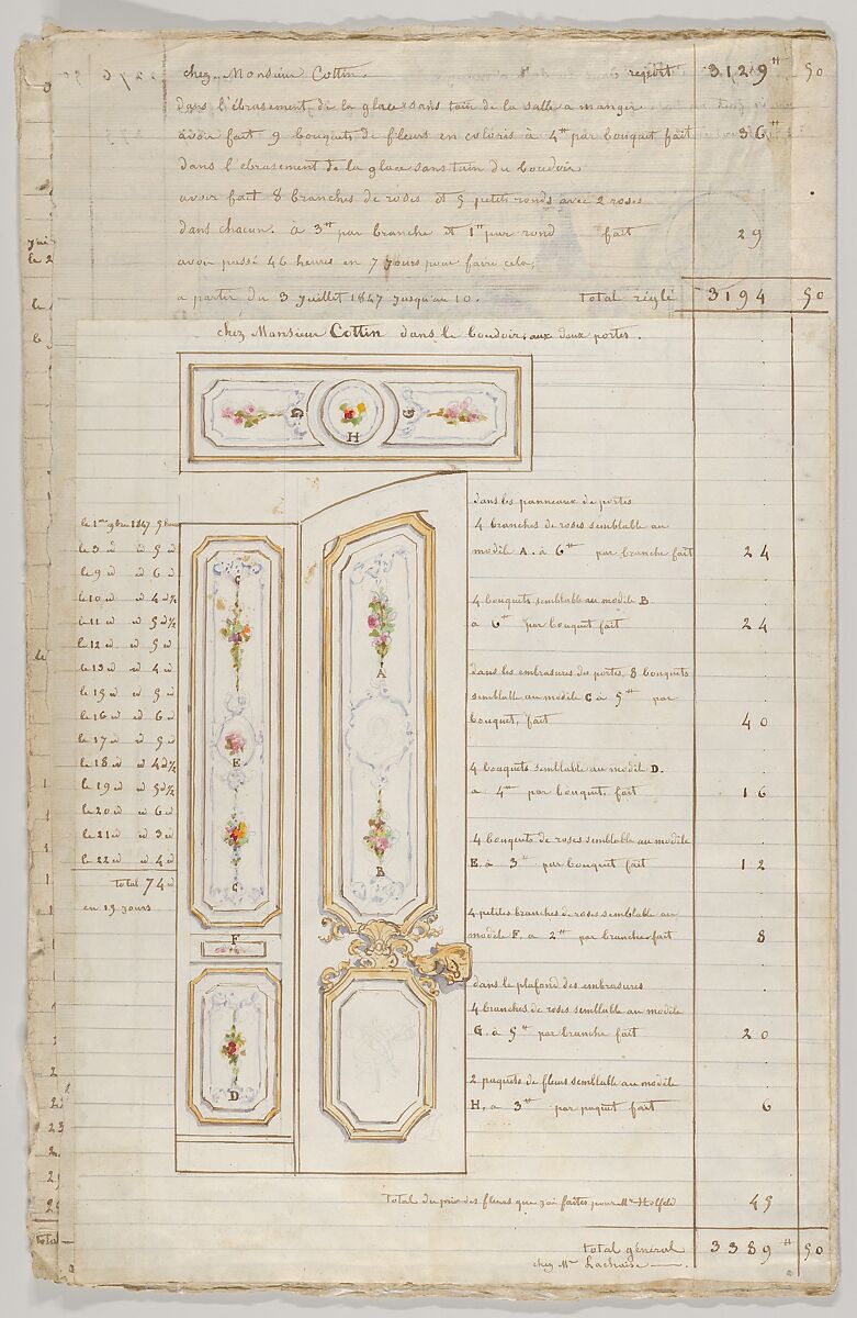 Interior Decorator’s Account Book of Hours Spent, Jules-Edmond-Charles Lachaise (French, died 1897), Pen and brown ink on ruled paper, water colors over leadpoint