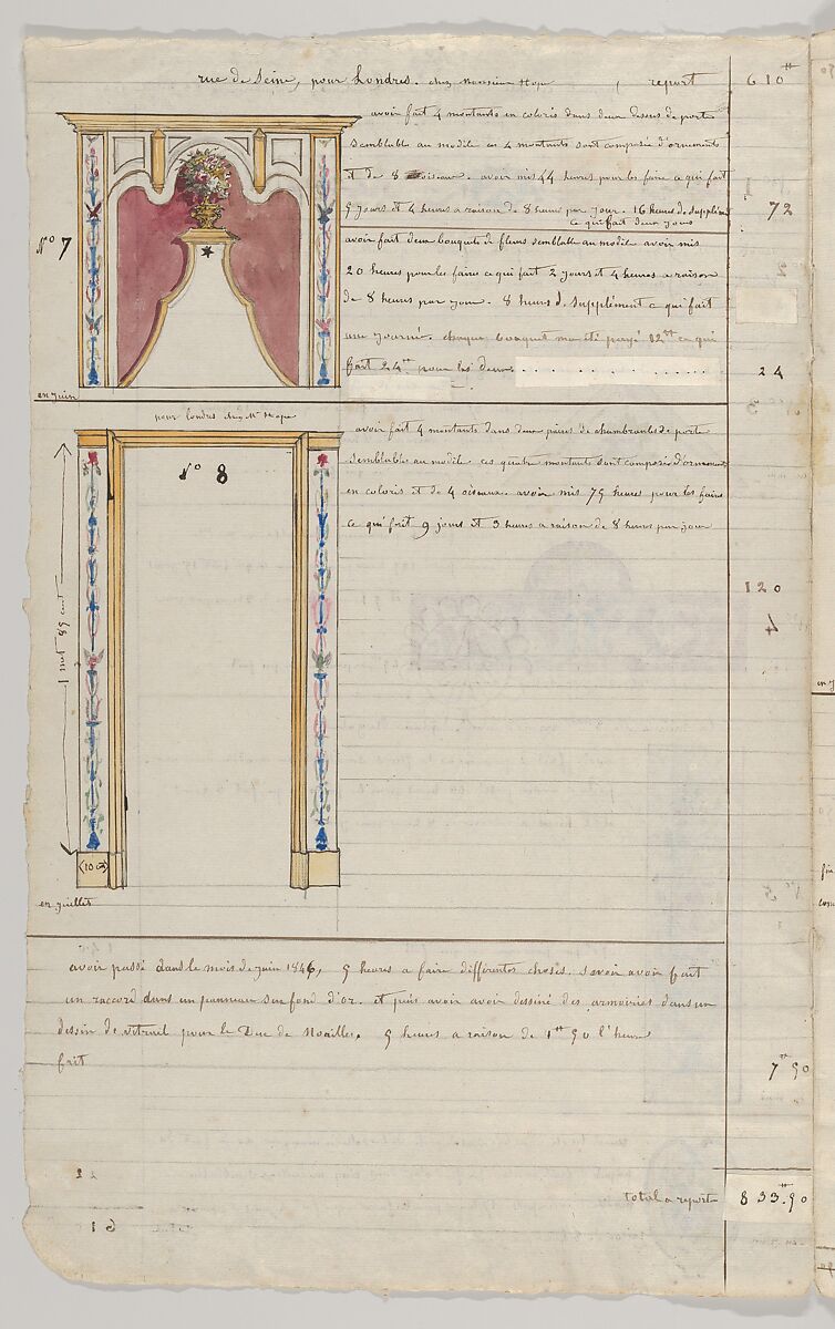Interior Decorator’s Account Book of Hours Spent, Jules-Edmond-Charles Lachaise (French, died 1897), Pen and brown ink on ruled paper, water colors over leadpoint