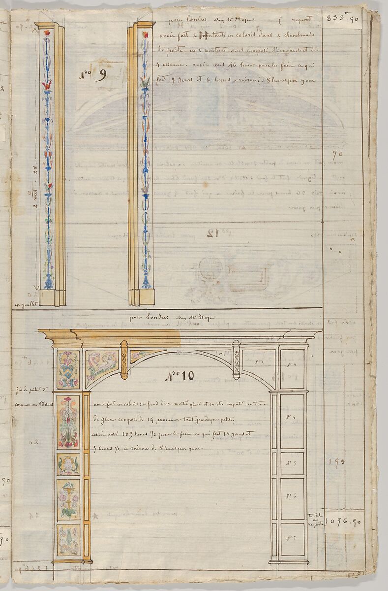 Interior Decorator’s Account Book of Hours Spent, Jules-Edmond-Charles Lachaise (French, died 1897), Pen and brown ink on ruled paper, water colors over leadpoint