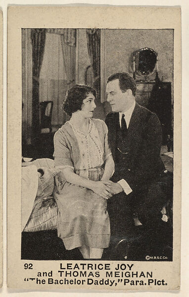 Card 92, Leatrice Joy and Thomas Meighan in "The Bachelor Daddy," for Paramount Pictures, from the Movie Stars series (E124), issued by the American Caramel Company, Original film still copyright by M.B.S.C. Co., Photolithograph 
