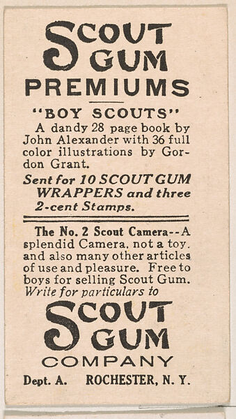 Example of Card Verso, from the Boy Scouts series (E41), issued by the Scout Gum Company, Issued by Scout Gum Company, Rochester, New York, Commercial color lithograph 