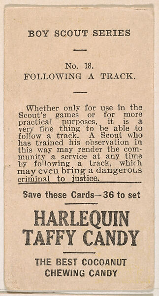 Example of Card Verso, from the Boy Scouts series (E41), issued to promote Harlequin Taffy Candy, Issued by the Harlequin Taffy Candy Company, Commercial color lithograph 