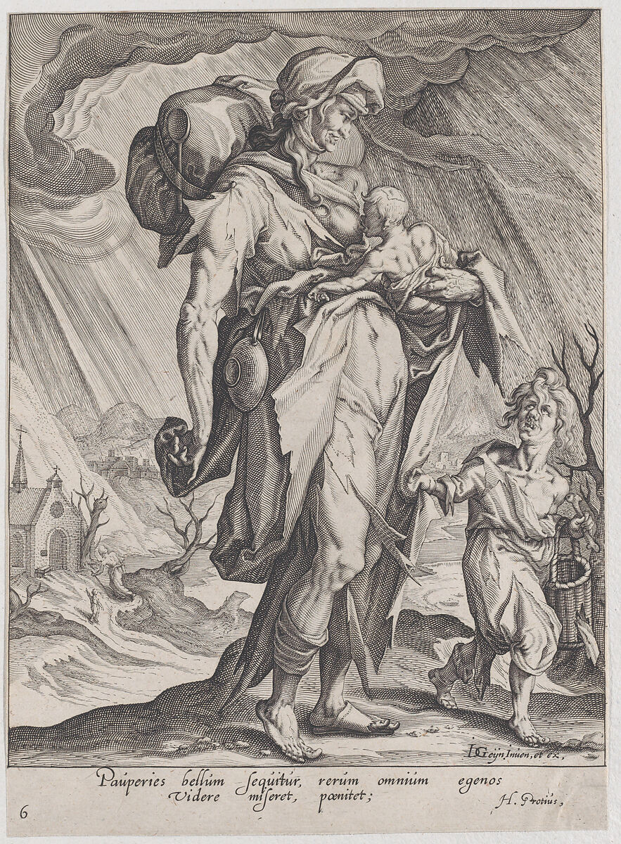 Poverty, from "Virtues and Vices", Zacharias Dolendo (Netherlandish, 1561–ca. 1604), Engravin; New Hollstein's first of two 